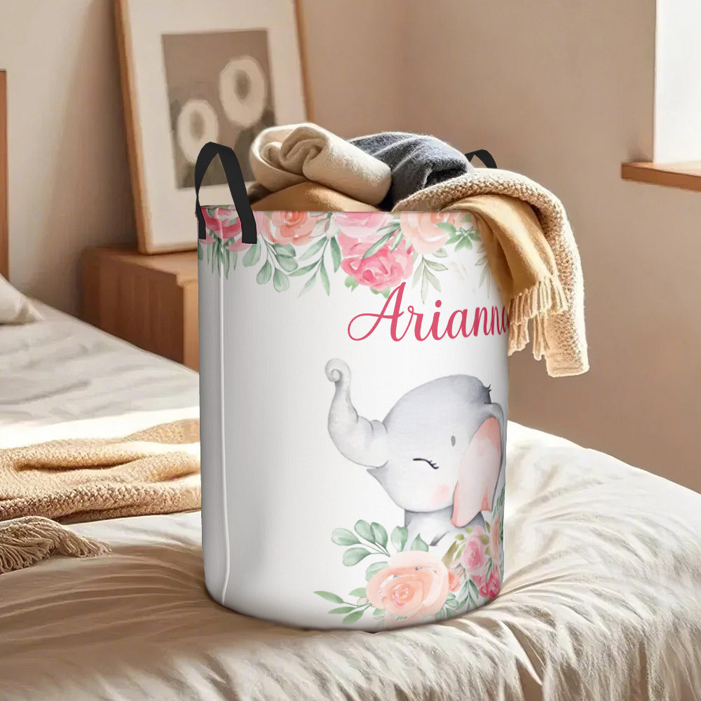Personalised Floral Elephant Storage Basket Waterproof Laundry Basket with Name Birthday Gift for Children - auphotoblanket