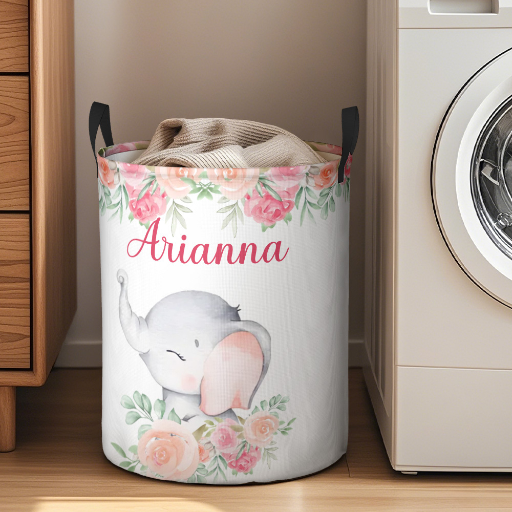 Personalised Floral Elephant Storage Basket Waterproof Laundry Basket with Name Birthday Gift for Children - auphotoblanket