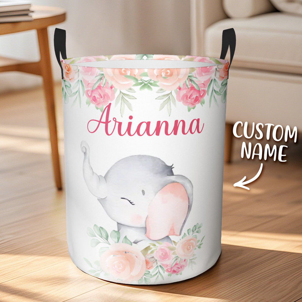 Personalised Floral Elephant Storage Basket Waterproof Laundry Basket with Name Birthday Gift for Children - auphotoblanket