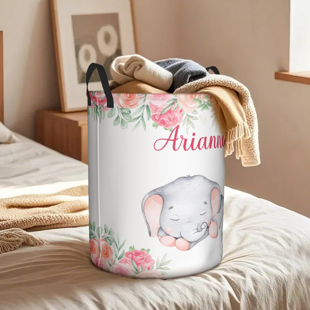 Personalised Floral Elephant Storage Basket Waterproof Laundry Basket with Name Birthday Gift for Children - auphotoblanket