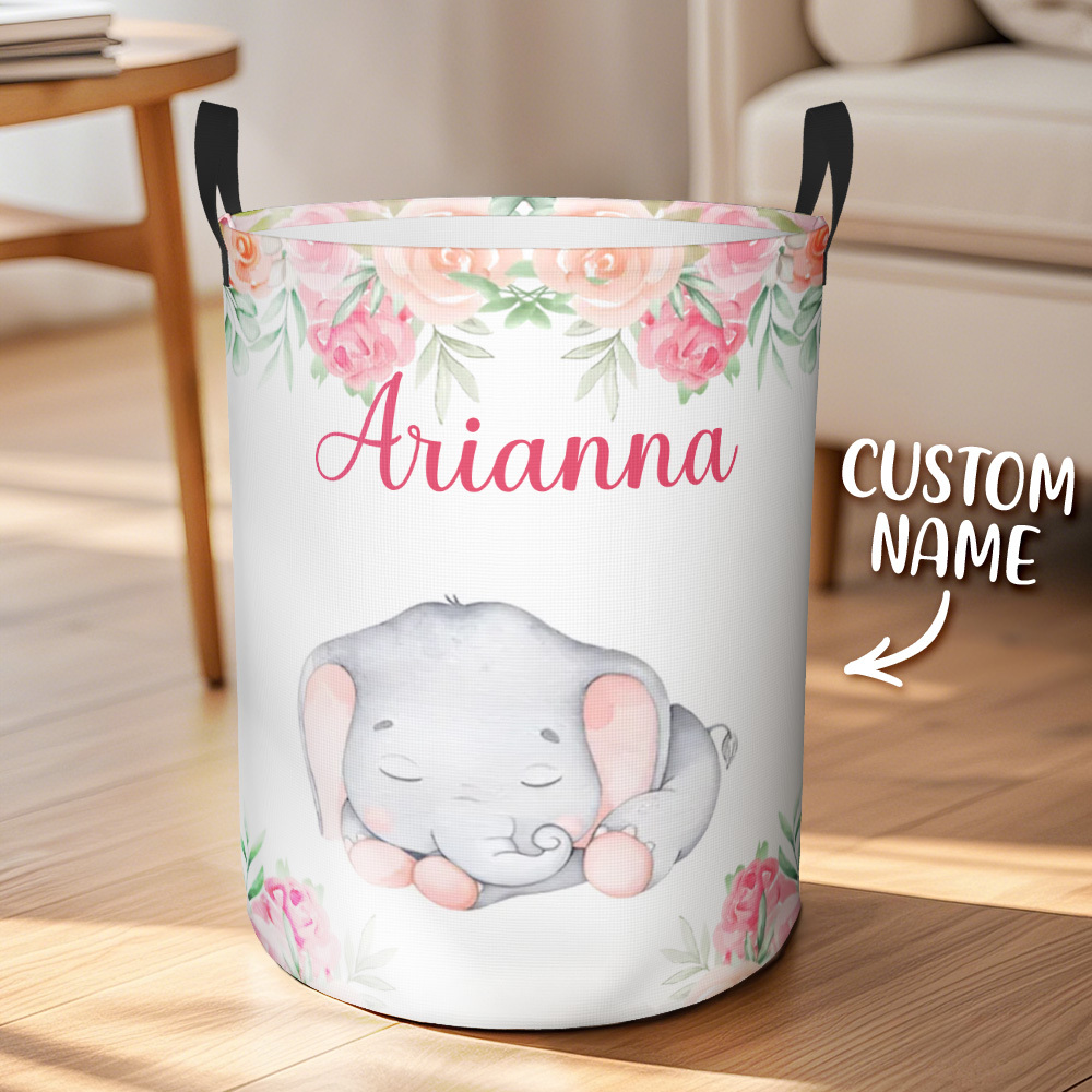Personalised Floral Elephant Storage Basket Waterproof Laundry Basket with Name Birthday Gift for Children - auphotoblanket