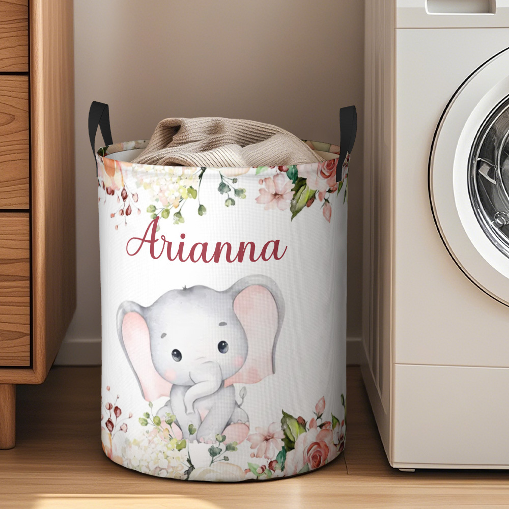 Personalised Floral Elephant Storage Basket Waterproof Laundry Basket with Name Birthday Gift for Children - auphotoblanket