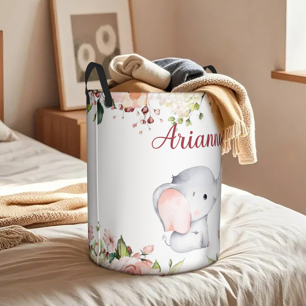 Personalised Floral Elephant Storage Basket Waterproof Laundry Basket with Name Birthday Gift for Children - auphotoblanket