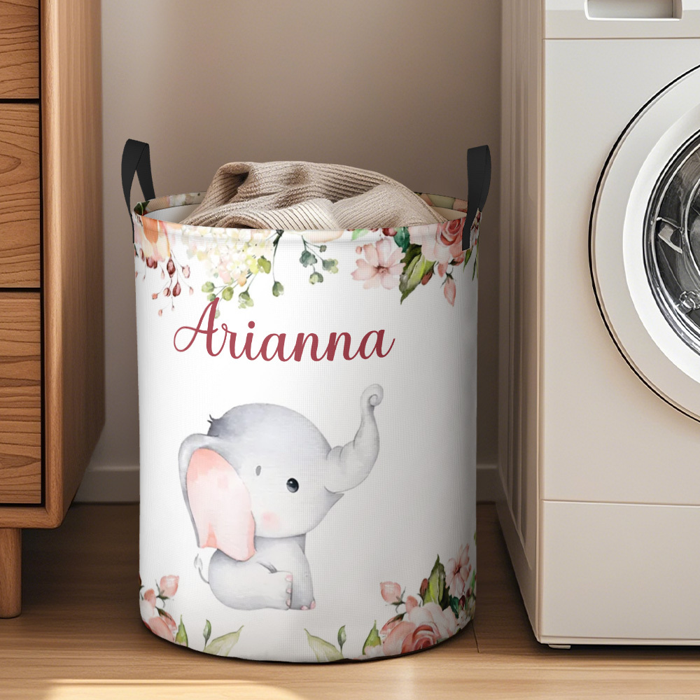 Personalised Floral Elephant Storage Basket Waterproof Laundry Basket with Name Birthday Gift for Children - auphotoblanket