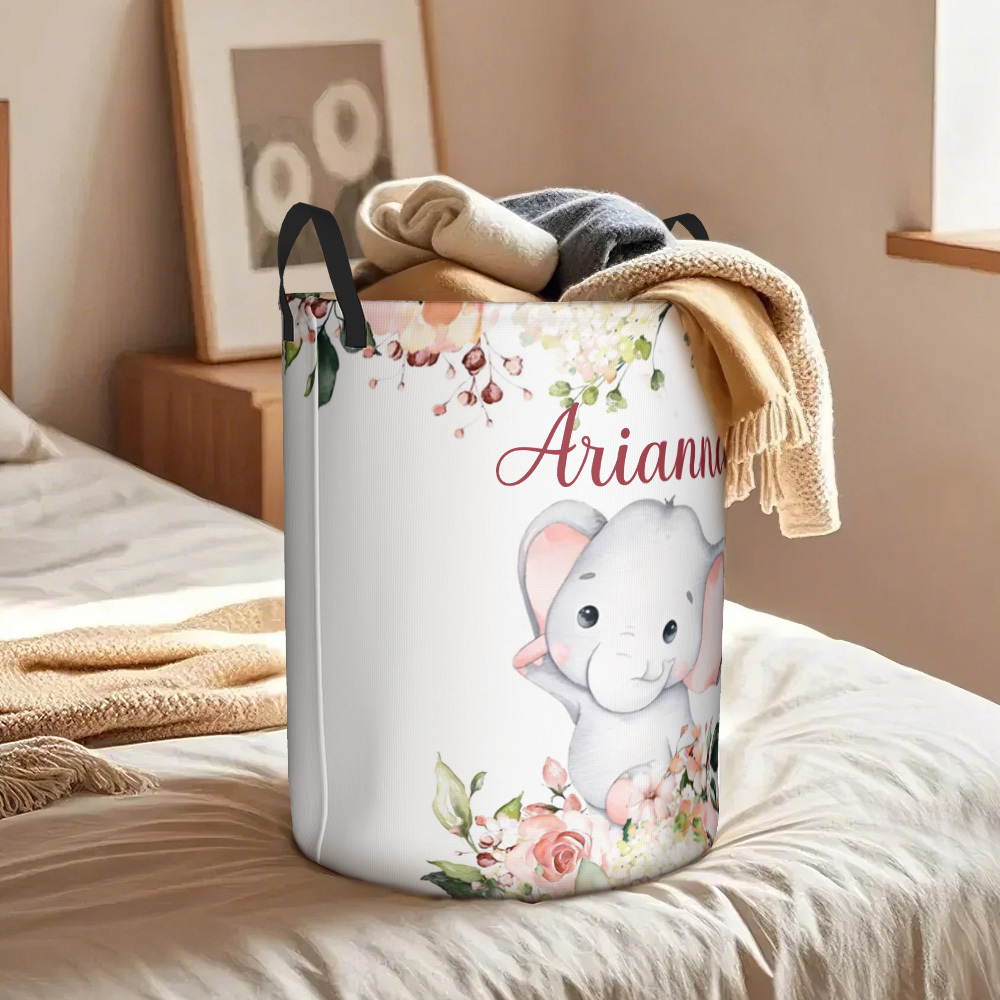 Personalised Floral Elephant Storage Basket Waterproof Laundry Basket with Name Birthday Gift for Children - auphotoblanket