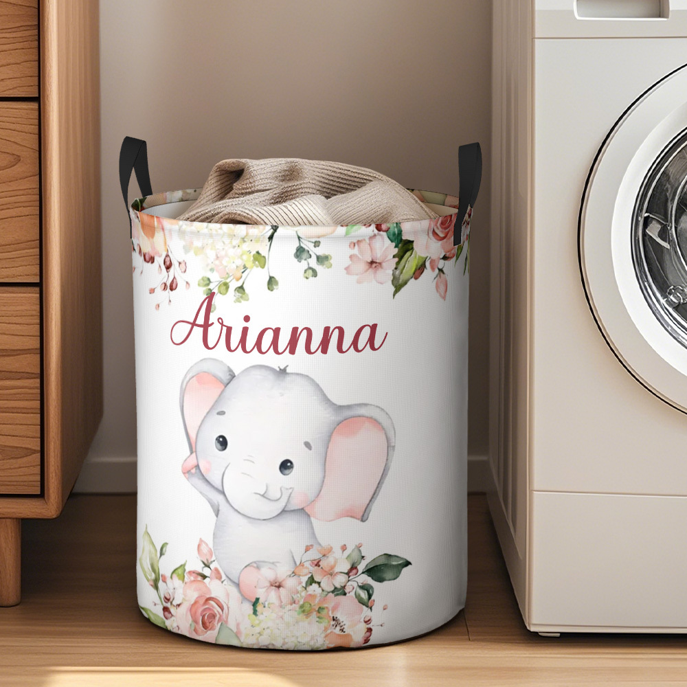 Personalised Floral Elephant Storage Basket Waterproof Laundry Basket with Name Birthday Gift for Children - auphotoblanket