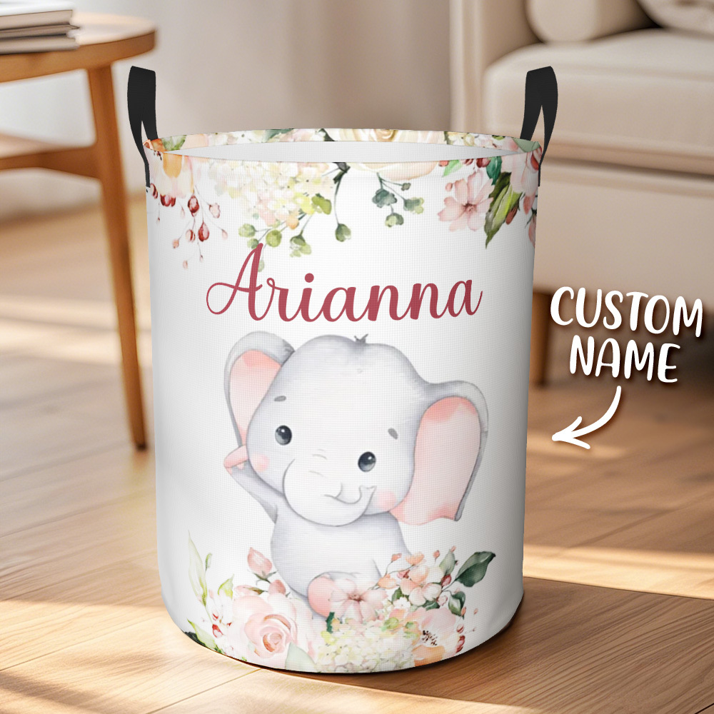 Personalised Floral Elephant Storage Basket Waterproof Laundry Basket with Name Birthday Gift for Children - auphotoblanket