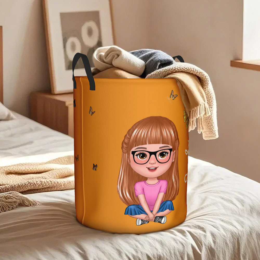 Personalised Solid Color Storage Basket Cartoon Character Birth Flower Name Laundry Basket - auphotoblanket