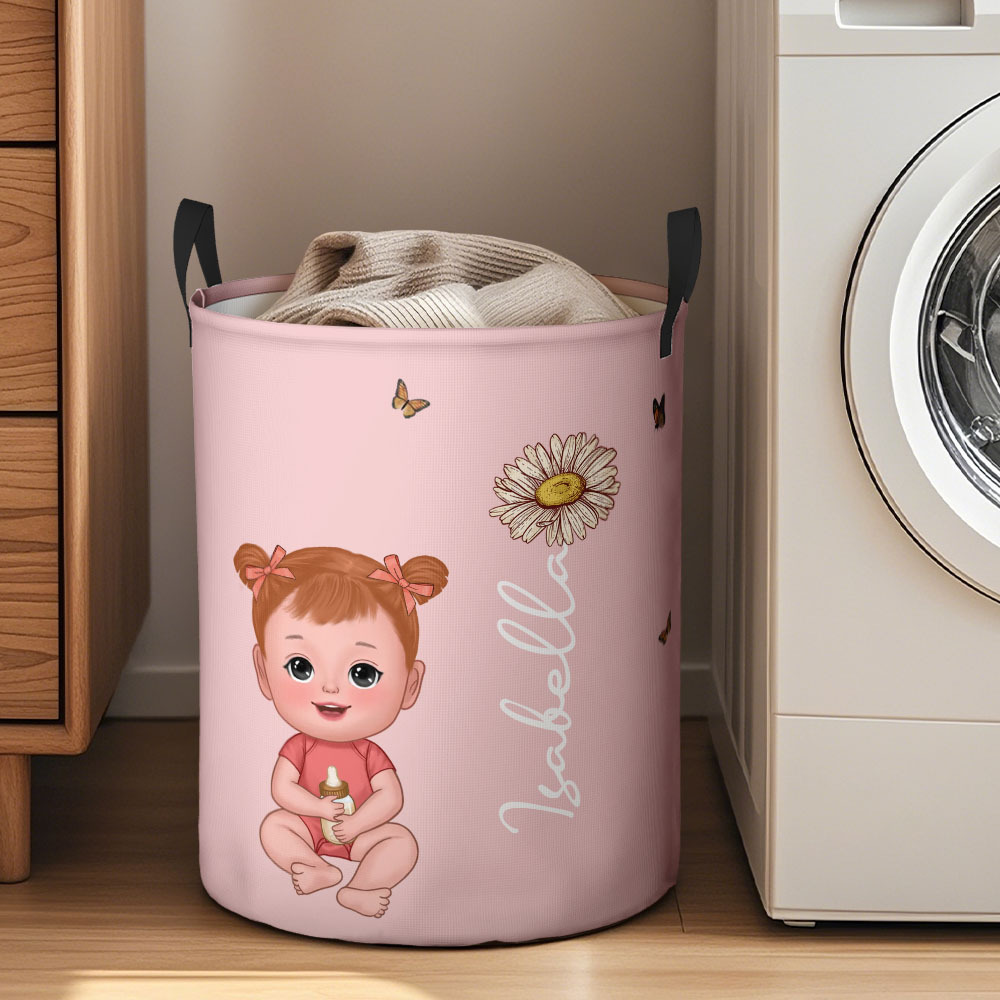Personalised Solid Color Storage Basket Cartoon Character Birth Flower Name Laundry Basket - auphotoblanket