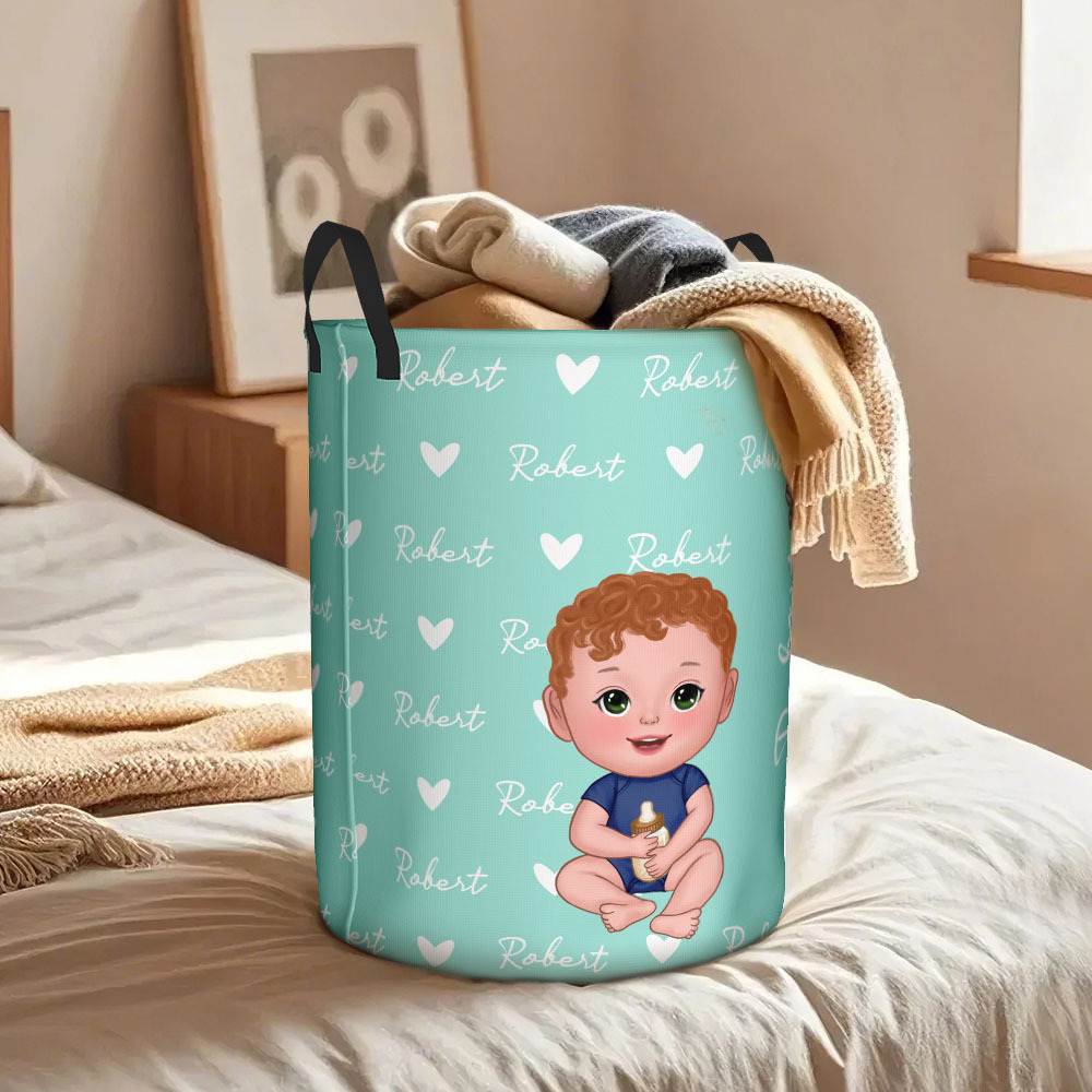 Personalised Cartoon Character Birth Flower Name Laundry Storage Basket - auphotoblanket