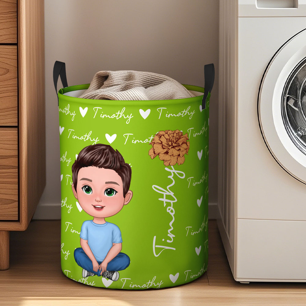 Personalised Cartoon Character Birth Flower Name Laundry Storage Basket - auphotoblanket