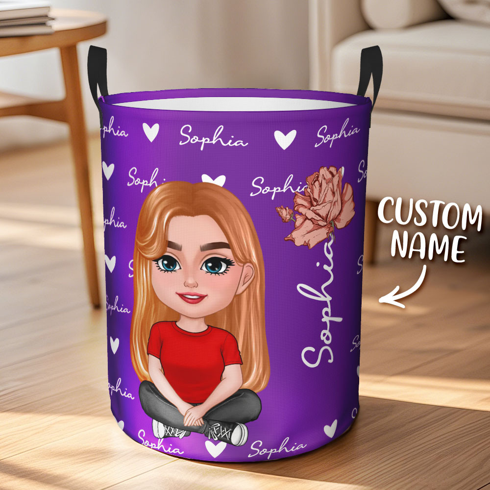Personalised Cartoon Character Birth Flower Name Laundry Storage Basket - auphotoblanket