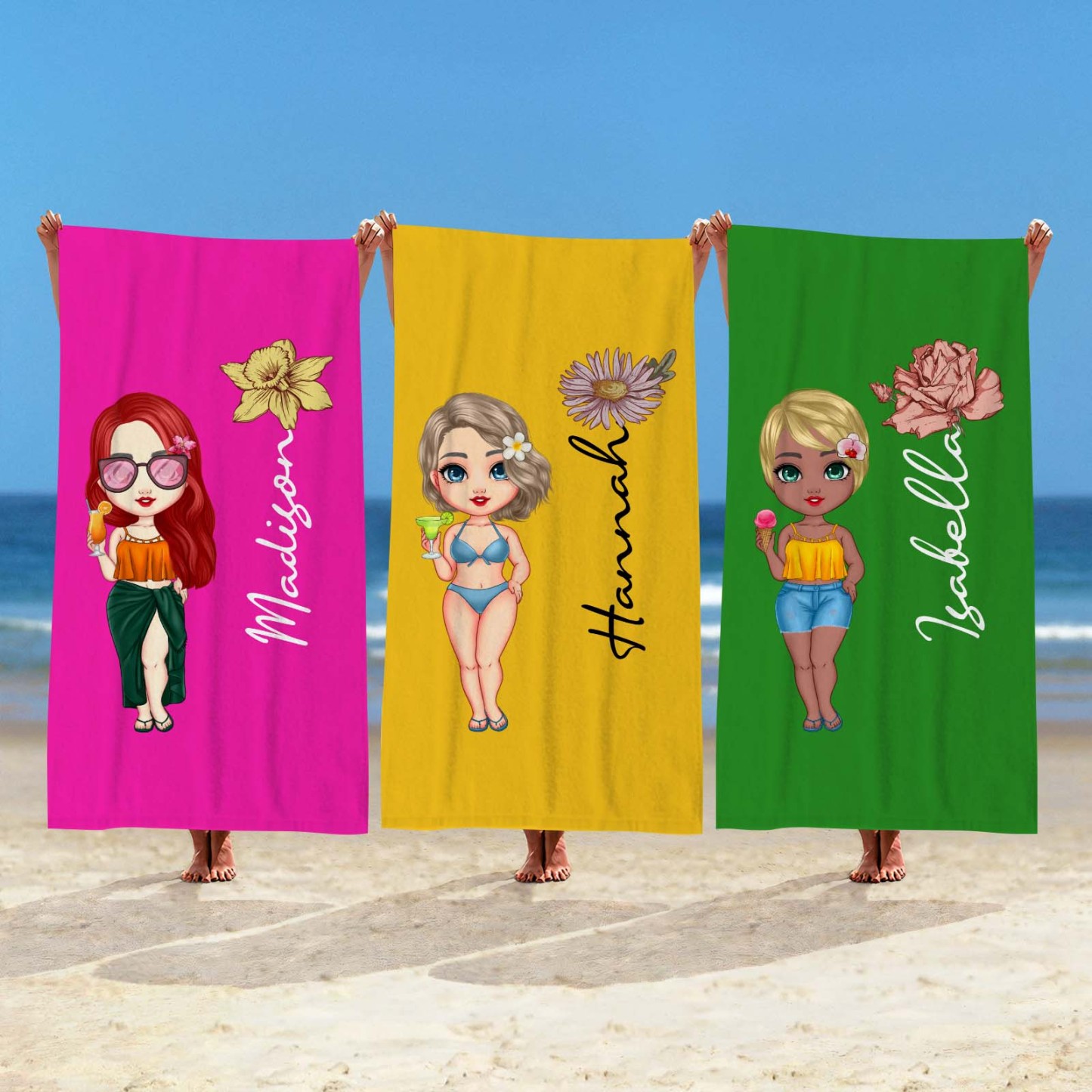 Custom Cartoon Women Girl Birth Flower Multicolor Beach Towel Personalized Name Vacation Beach Towel Gift for Friend - auphotoblanket