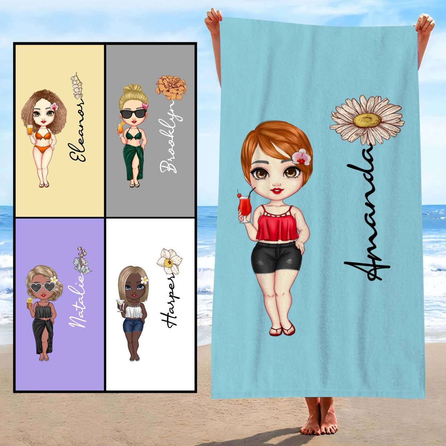Custom Cartoon Women Girl Birth Flower Multicolor Beach Towel Personalized Name Vacation Beach Towel Gift for Friend - auphotoblanket