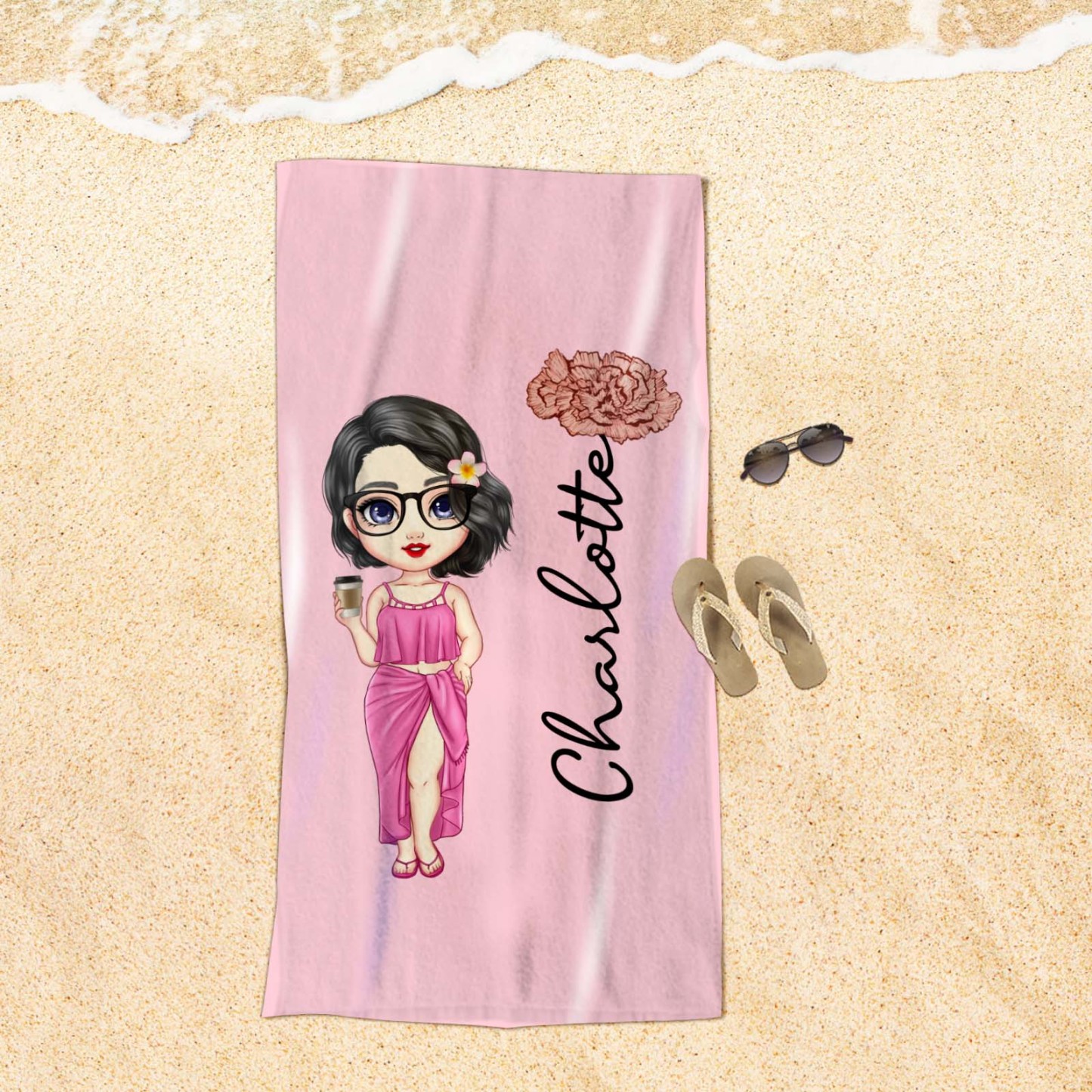 Custom Cartoon Women Girl Birth Flower Multicolor Beach Towel Personalized Name Vacation Beach Towel Gift for Friend - auphotoblanket