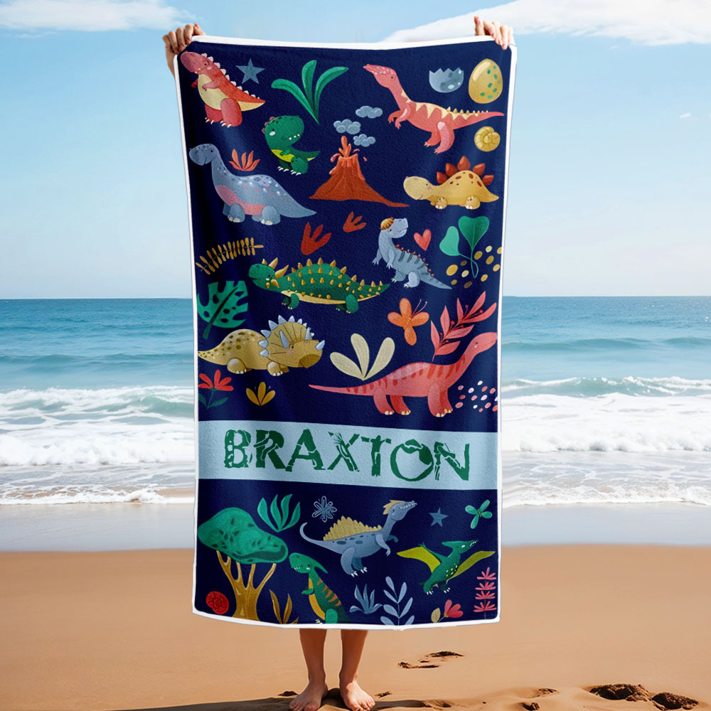 Custom Beach Towel with Name Dinosaur Lovely Kid Towel - auphotoblanket