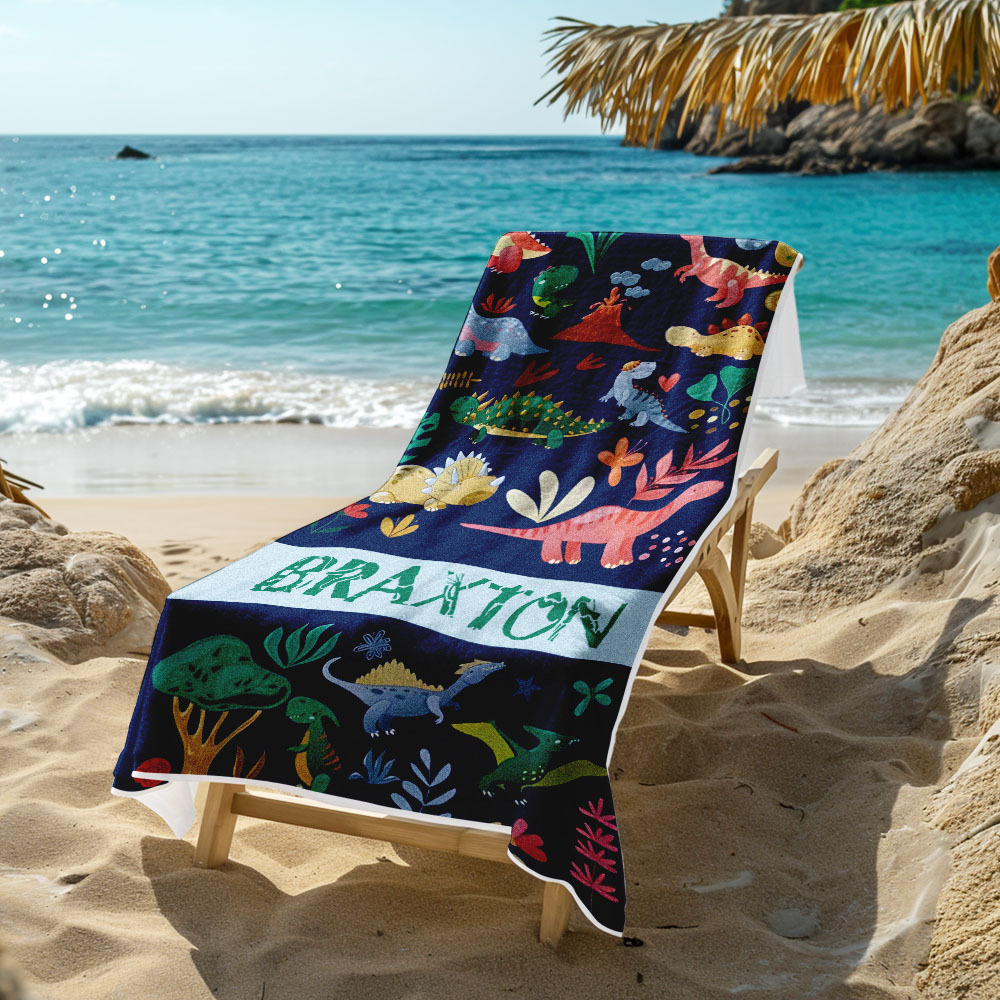 Custom Beach Towel with Name Dinosaur Lovely Kid Towel - auphotoblanket