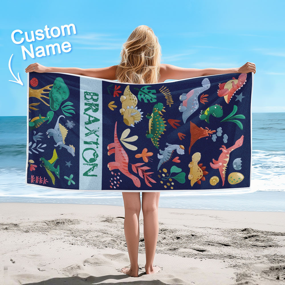 Custom Beach Towel with Name Dinosaur Lovely Kid Towel - auphotoblanket