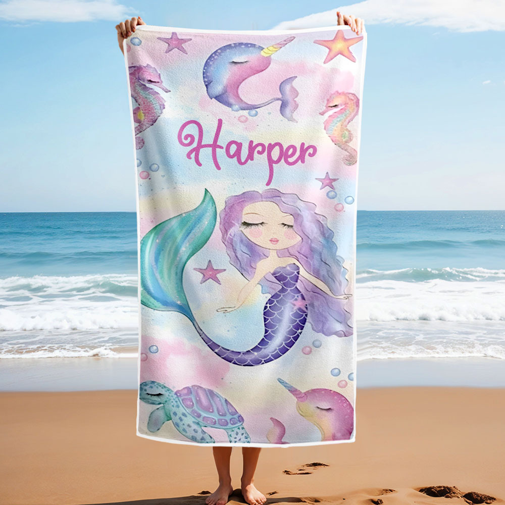 Personalized Lovely Kid Beach Towel for Summer Mermaid Beach Towel - auphotoblanket