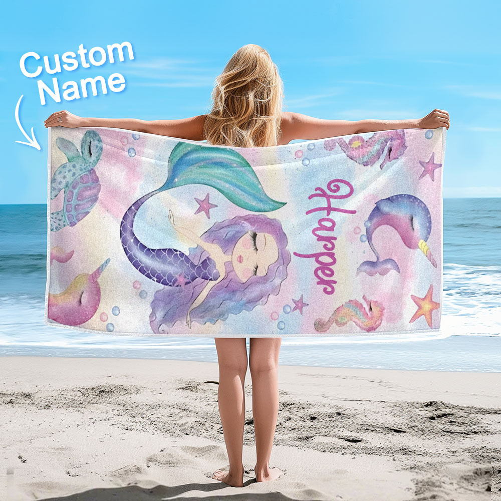 Personalized Lovely Kid Beach Towel for Summer Mermaid Beach Towel - auphotoblanket