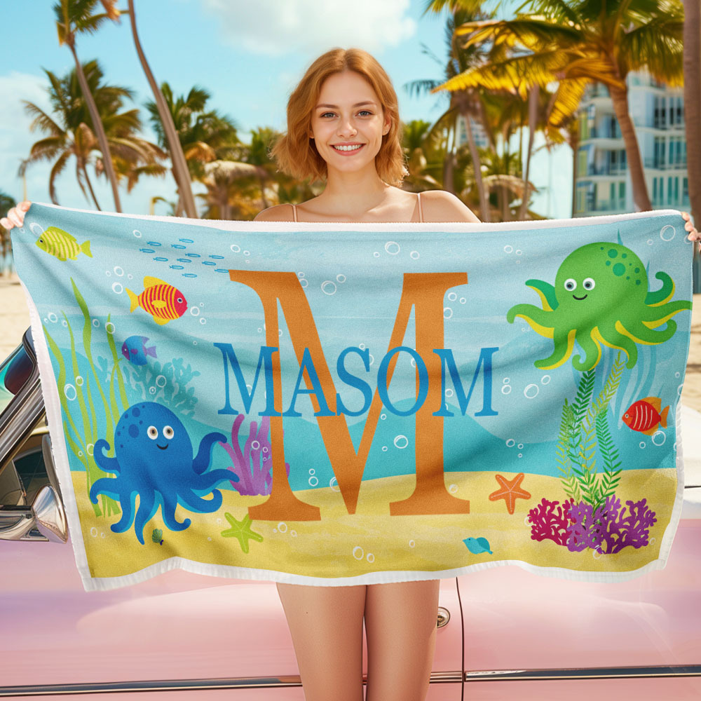 Personalized Lovely Kid Beach Towel for Summer Underwater World Beach Towel - auphotoblanket