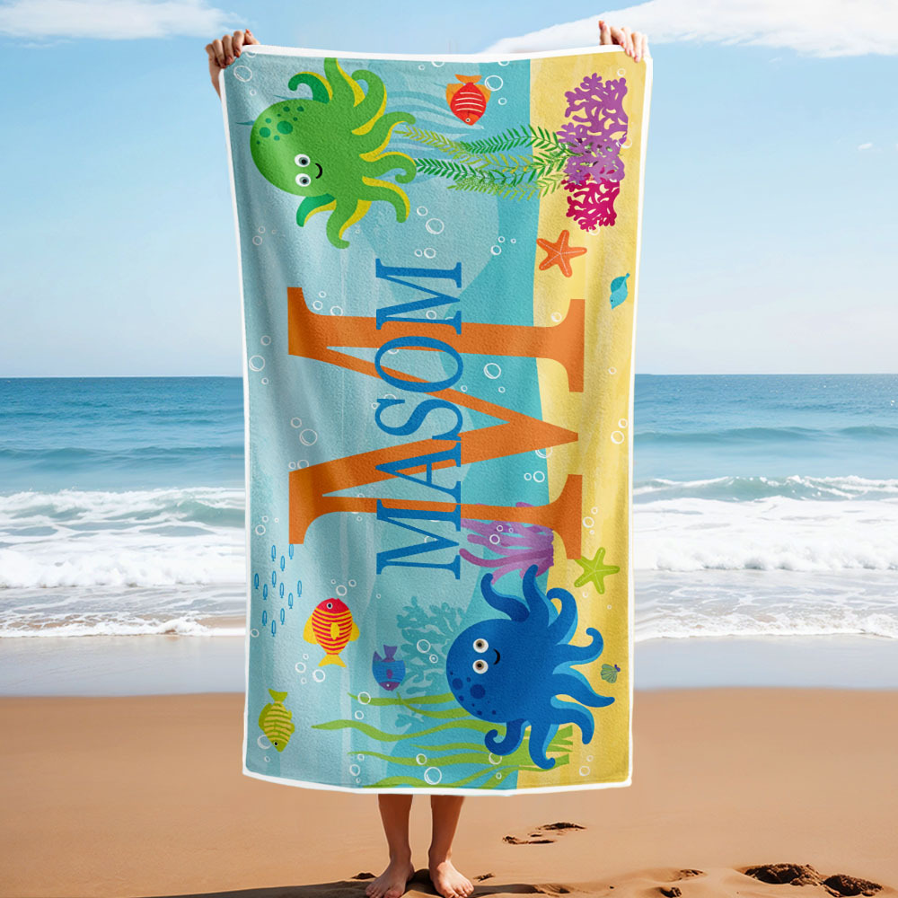 Personalized Lovely Kid Beach Towel for Summer Underwater World Beach Towel - auphotoblanket