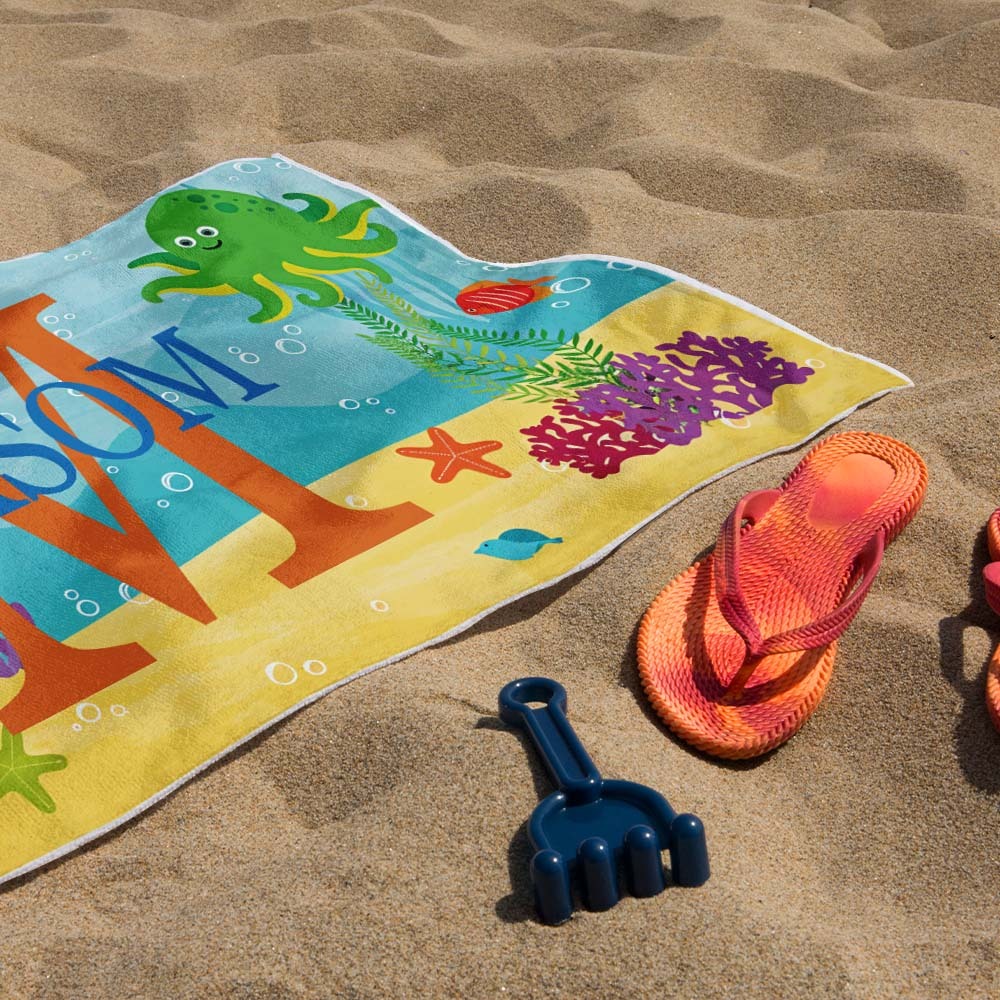 Personalized Lovely Kid Beach Towel for Summer Underwater World Beach Towel - auphotoblanket