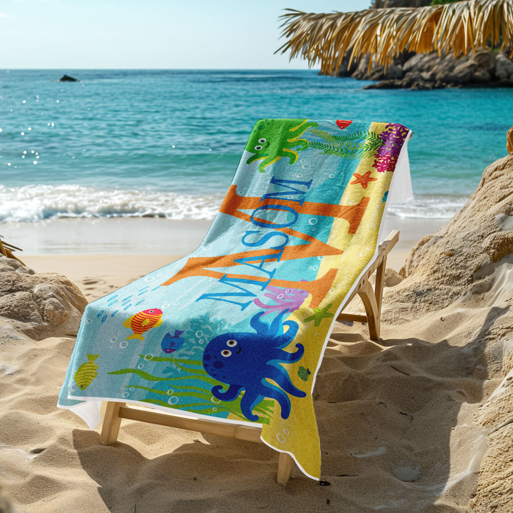 Personalized Lovely Kid Beach Towel for Summer Underwater World Beach Towel - auphotoblanket