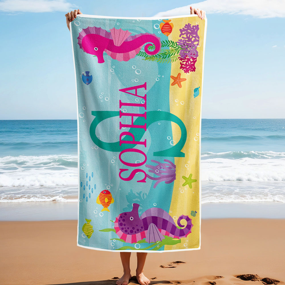 Personalized Lovely Kid Beach Towel for Summer Underwater World Beach Towel - auphotoblanket