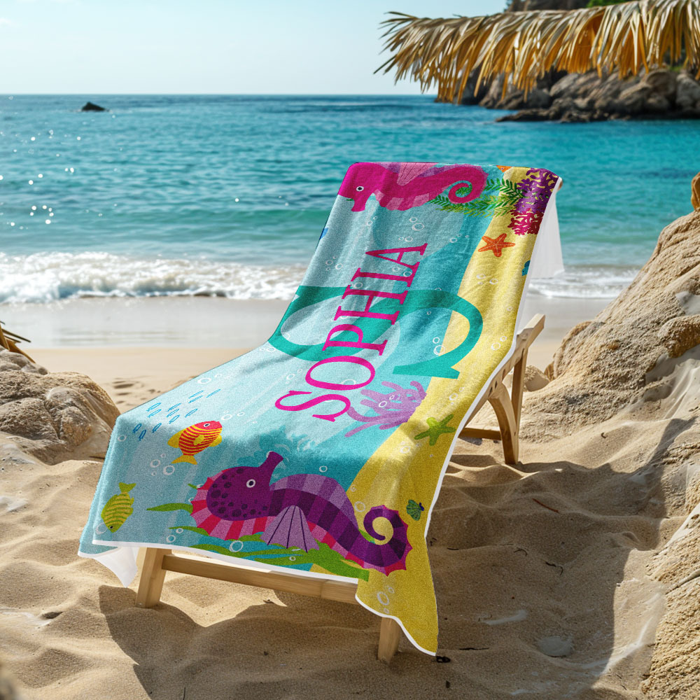Personalized Lovely Kid Beach Towel for Summer Underwater World Beach Towel - auphotoblanket