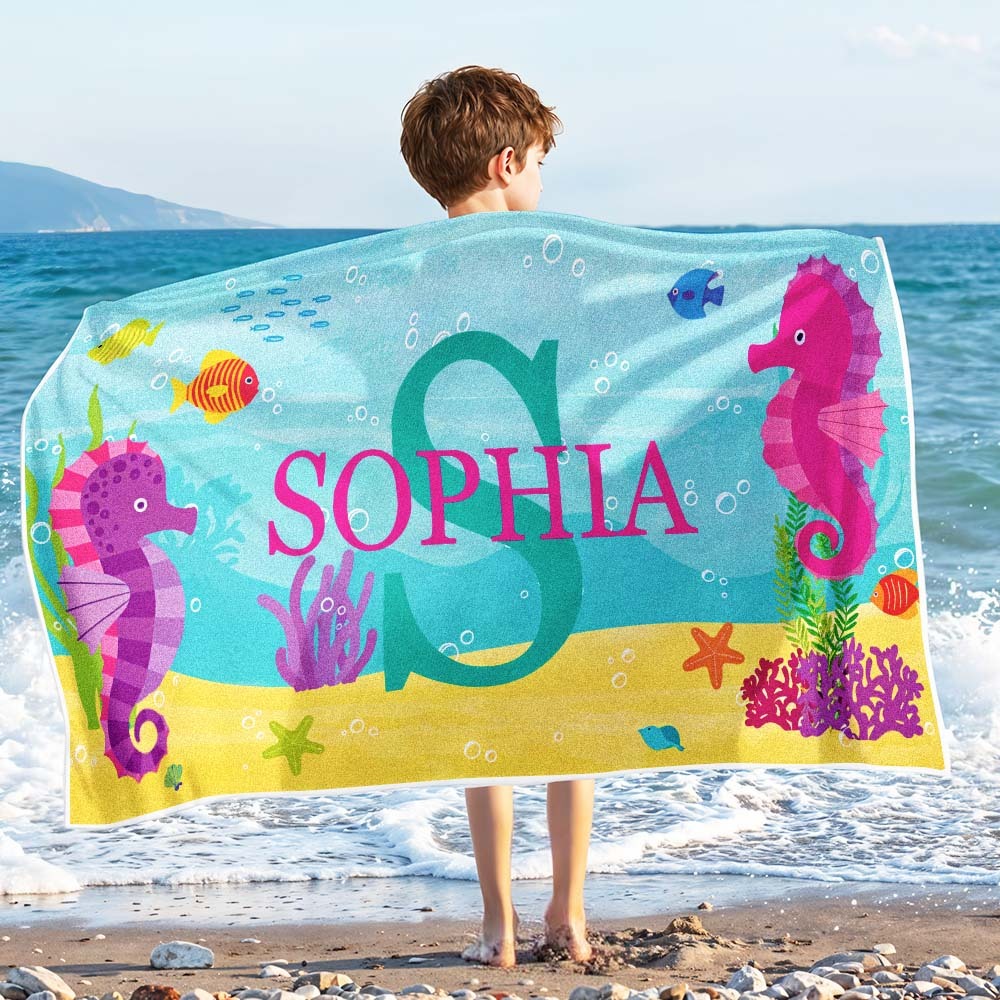 Personalized Lovely Kid Beach Towel for Summer Underwater World Beach Towel - auphotoblanket