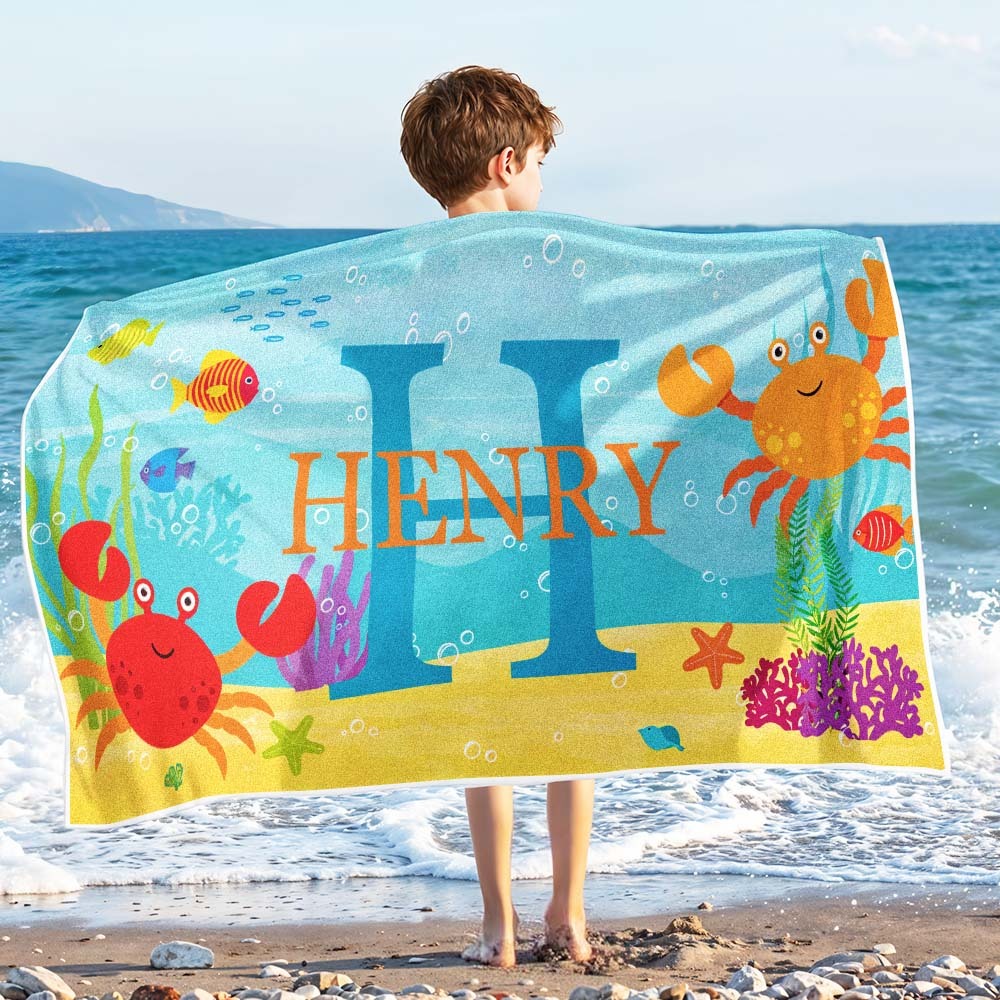 Personalized Lovely Kid Beach Towel for Summer Underwater World Beach Towel - auphotoblanket