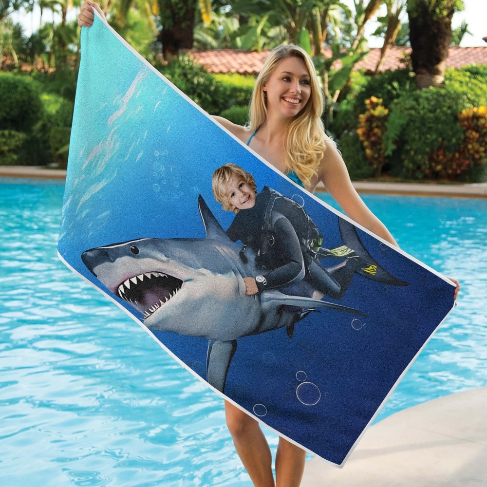 Custom Photo Face Beach Towel Personalized Shark Best Gift for Kid - auphotoblanket