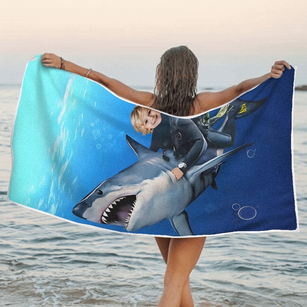 Custom Photo Face Beach Towel Personalized Shark Best Gift for Kid - auphotoblanket