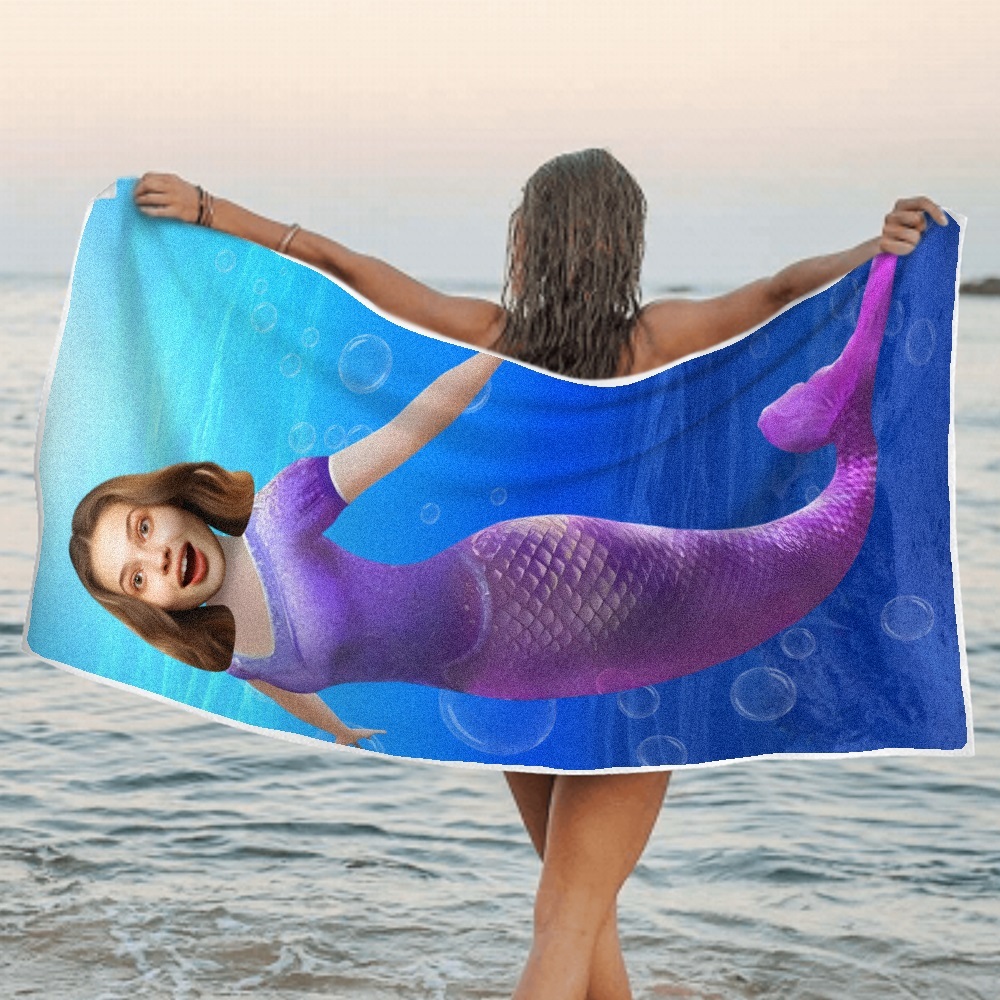 Custom Photo Face Beach Towel Personalized Shark Best Gift for Kid - auphotoblanket
