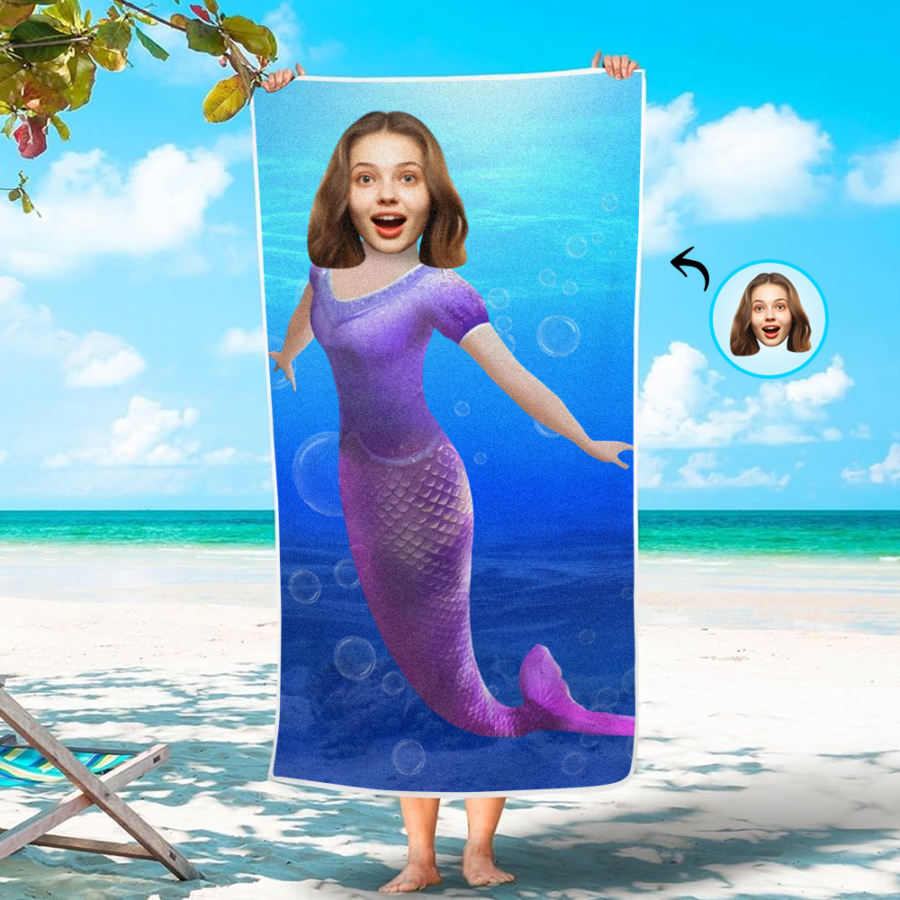 Custom Photo Face Beach Towel Personalized Shark Best Gift for Kid - auphotoblanket