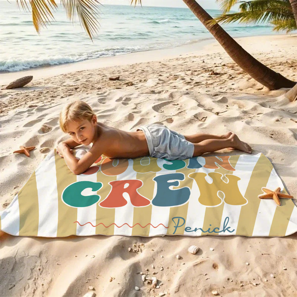 Personalized Cousin Beach Towel, Kids Custom Name Pool Towel, Cousin Vacation Crew Gift, Cousin Family Reunion Gift - auphotoblanket