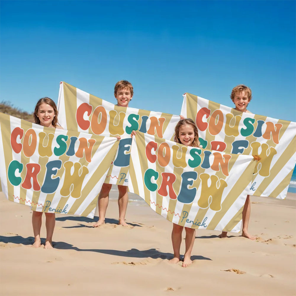 Personalized Cousin Beach Towel, Kids Custom Name Pool Towel, Cousin Vacation Crew Gift, Cousin Family Reunion Gift - auphotoblanket