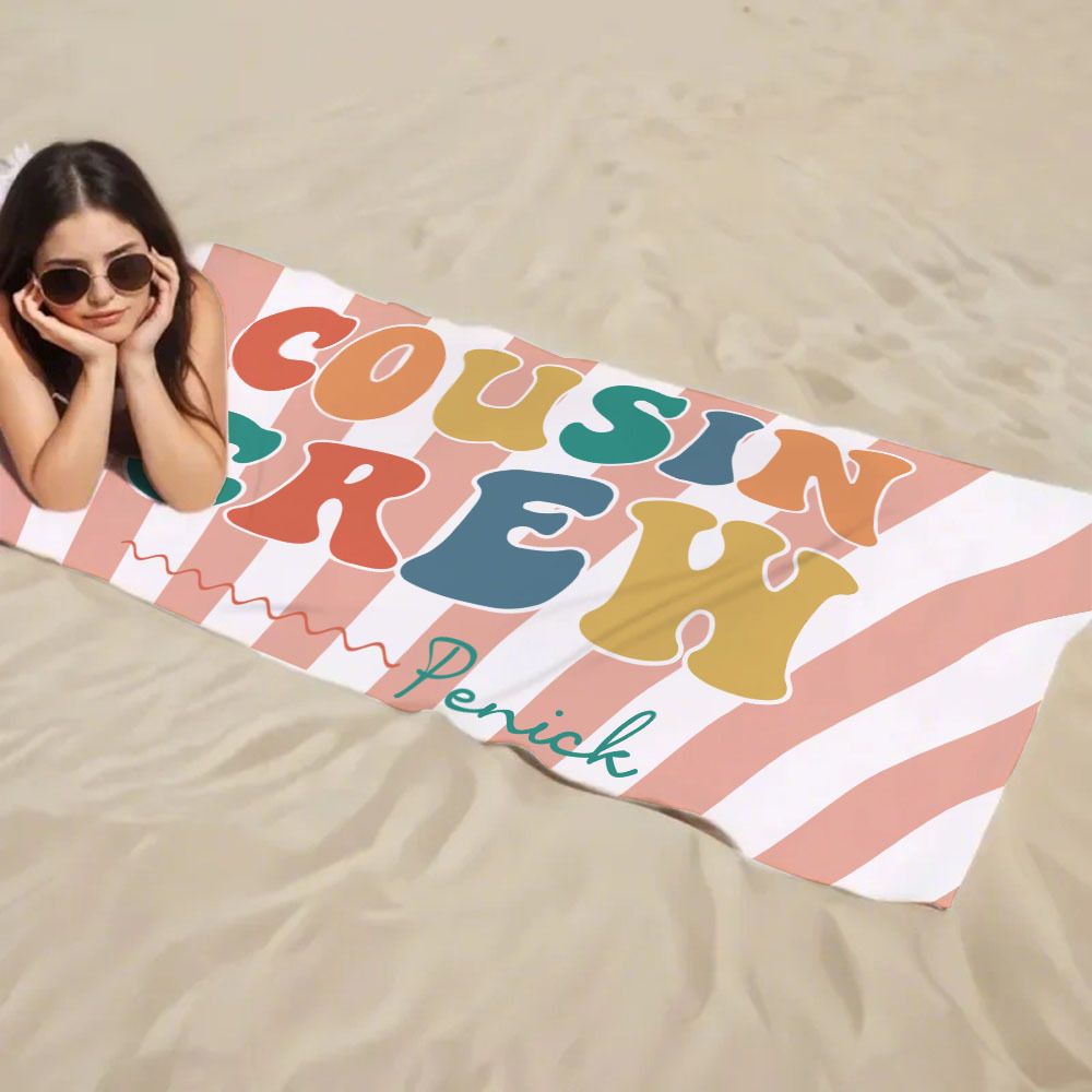 Personalized Cousin Beach Towel, Kids Custom Name Pool Towel, Cousin Vacation Crew Gift, Cousin Family Reunion Gift - auphotoblanket