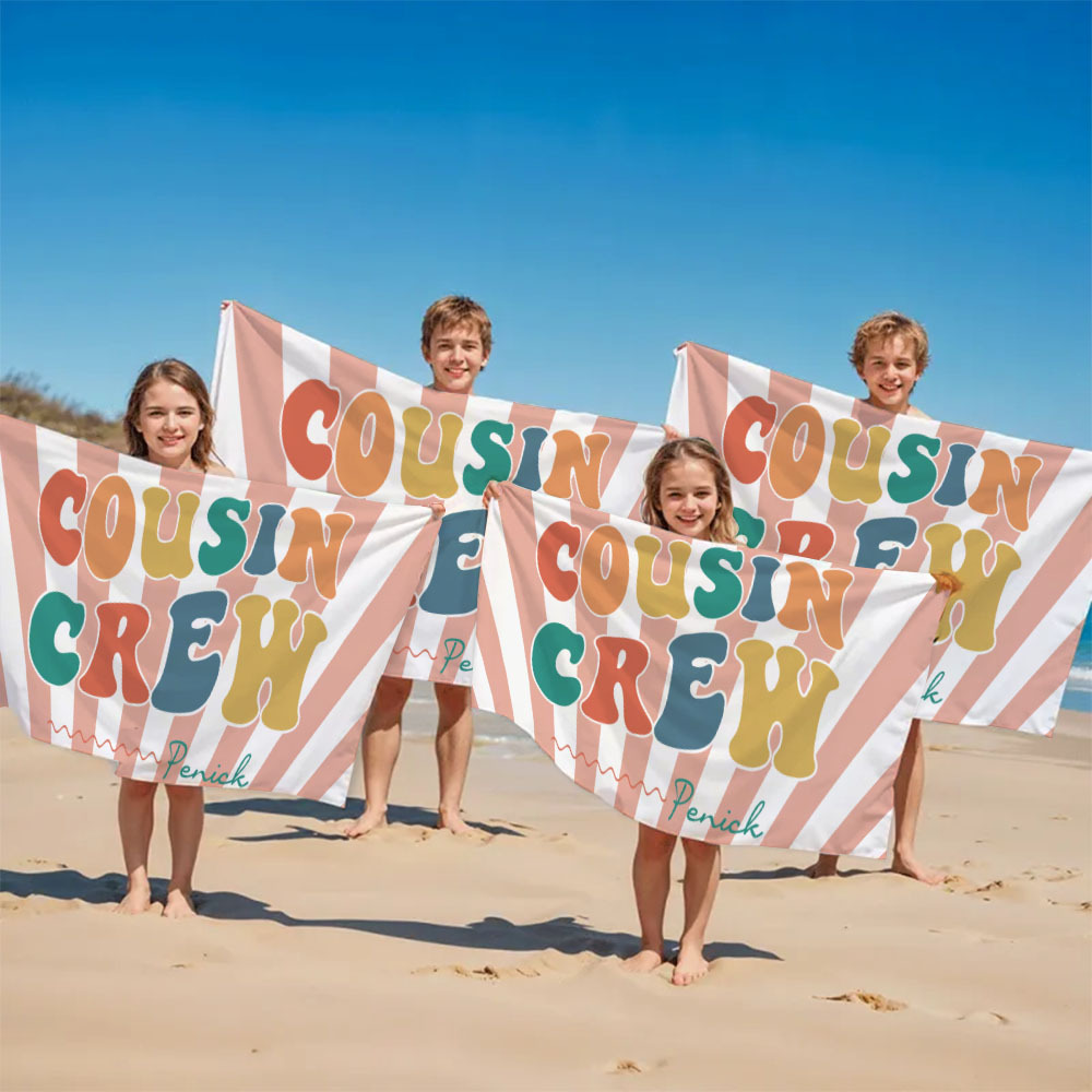 Personalized Cousin Beach Towel, Kids Custom Name Pool Towel, Cousin Vacation Crew Gift, Cousin Family Reunion Gift - auphotoblanket