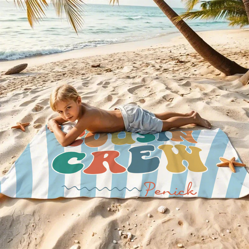 Personalized Cousin Beach Towel, Kids Custom Name Pool Towel, Cousin Vacation Crew Gift, Cousin Family Reunion Gift - auphotoblanket