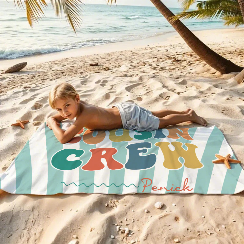 Personalized Cousin Beach Towel, Kids Custom Name Pool Towel, Cousin Vacation Crew Gift, Cousin Family Reunion Gift - auphotoblanket