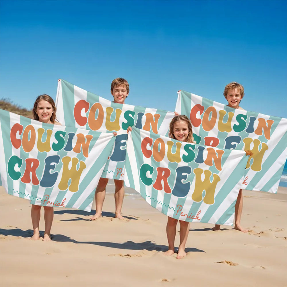 Personalized Cousin Beach Towel, Kids Custom Name Pool Towel, Cousin Vacation Crew Gift, Cousin Family Reunion Gift - auphotoblanket