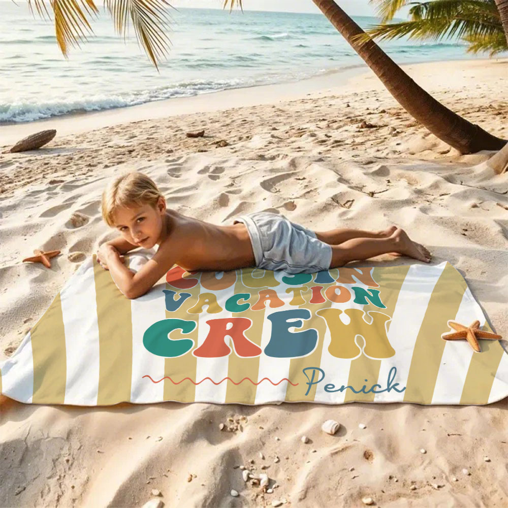Personalized Cousin Beach Towel, Kids Custom Name Pool Towel, Cousin Vacation Crew Gift, Cousin Family Reunion Gift - auphotoblanket