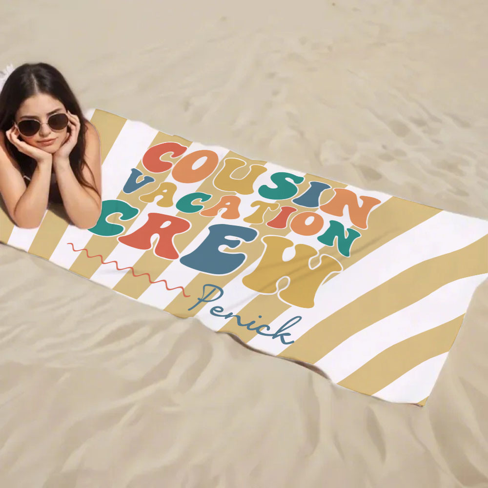 Personalized Cousin Beach Towel, Kids Custom Name Pool Towel, Cousin Vacation Crew Gift, Cousin Family Reunion Gift - auphotoblanket