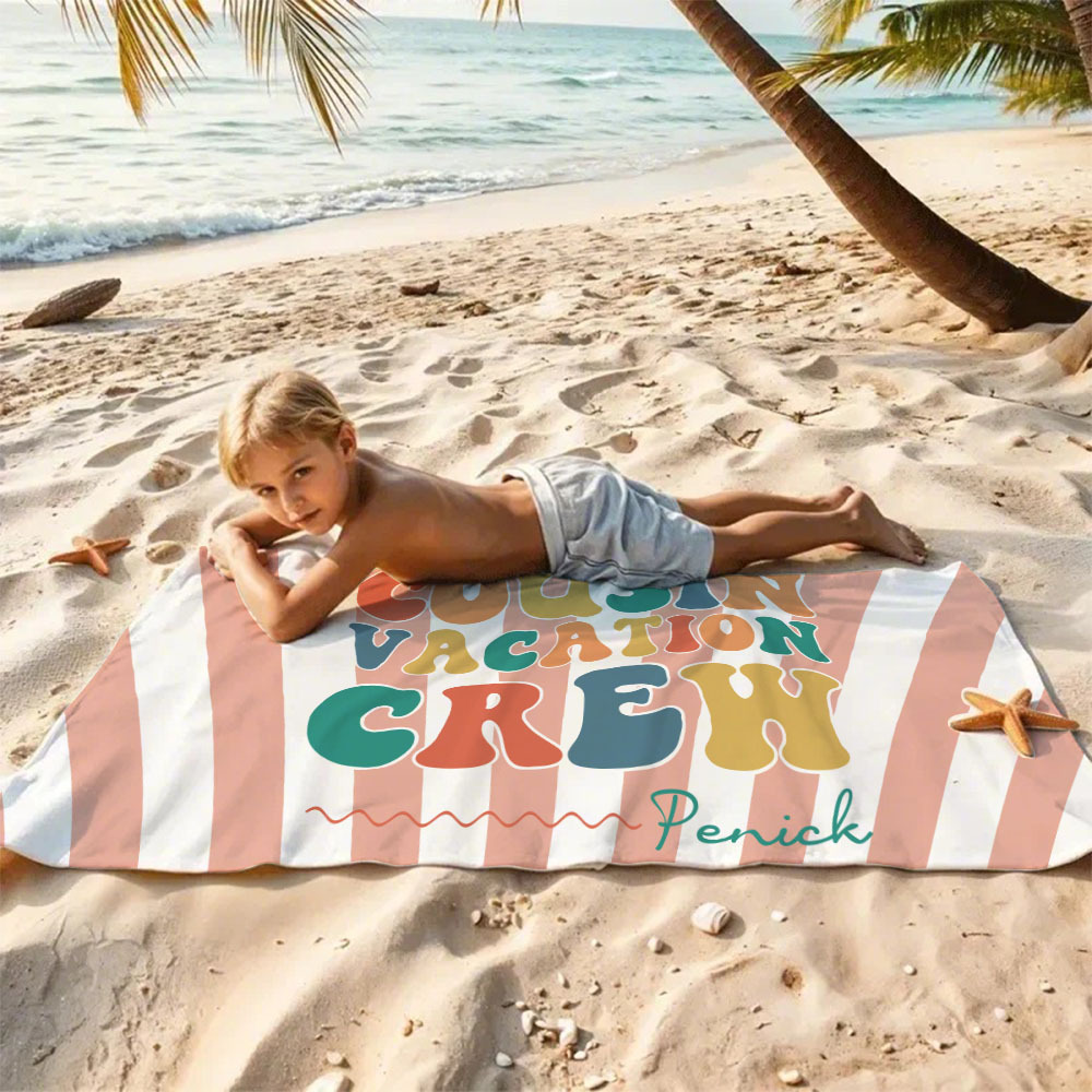 Personalized Cousin Beach Towel, Kids Custom Name Pool Towel, Cousin Vacation Crew Gift, Cousin Family Reunion Gift - auphotoblanket