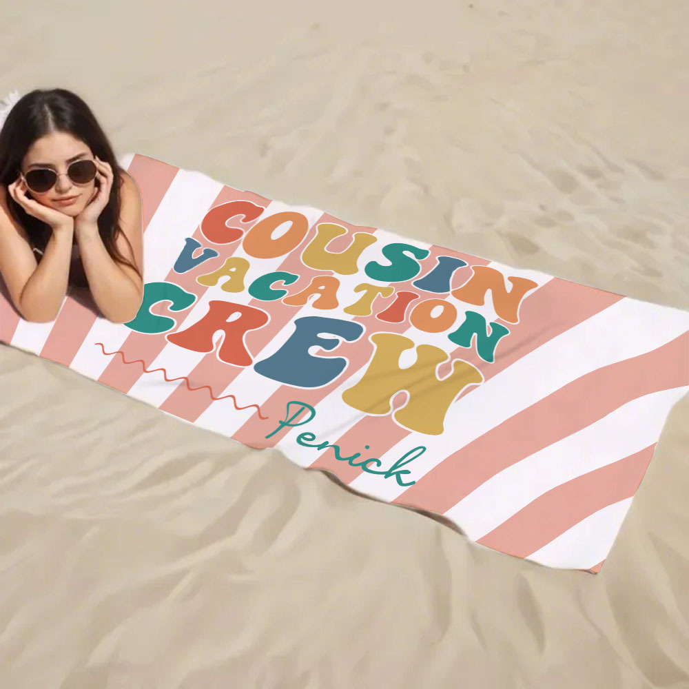 Personalized Cousin Beach Towel, Kids Custom Name Pool Towel, Cousin Vacation Crew Gift, Cousin Family Reunion Gift - auphotoblanket