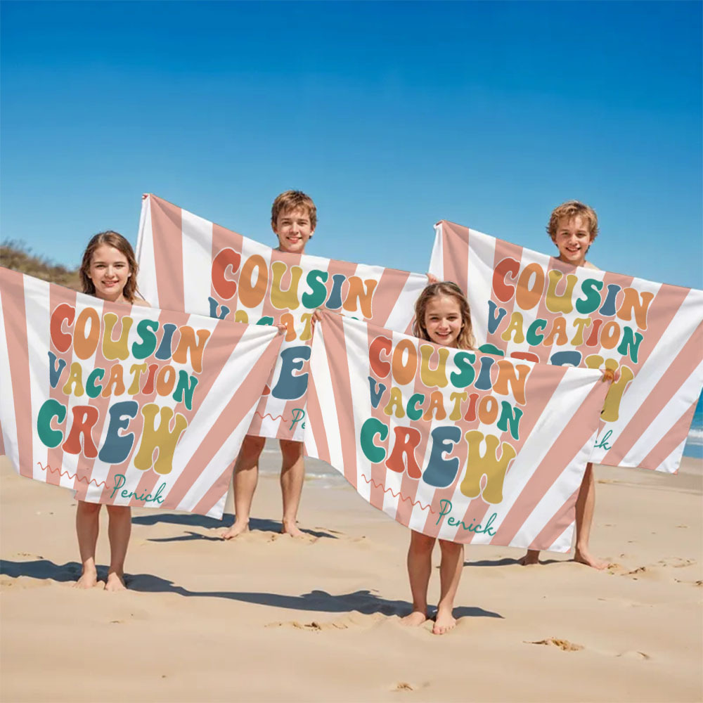 Personalized Cousin Beach Towel, Kids Custom Name Pool Towel, Cousin Vacation Crew Gift, Cousin Family Reunion Gift - auphotoblanket