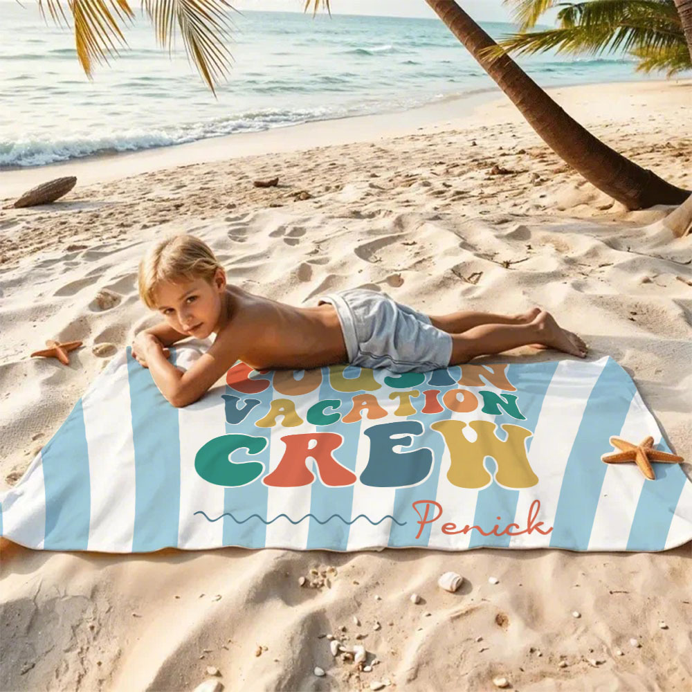 Personalized Cousin Beach Towel, Kids Custom Name Pool Towel, Cousin Vacation Crew Gift, Cousin Family Reunion Gift - auphotoblanket