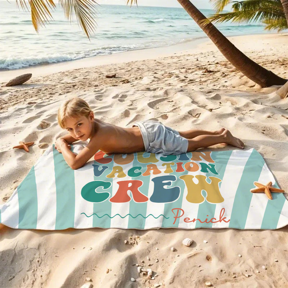 Personalized Cousin Beach Towel, Kids Custom Name Pool Towel, Cousin Vacation Crew Gift, Cousin Family Reunion Gift - auphotoblanket